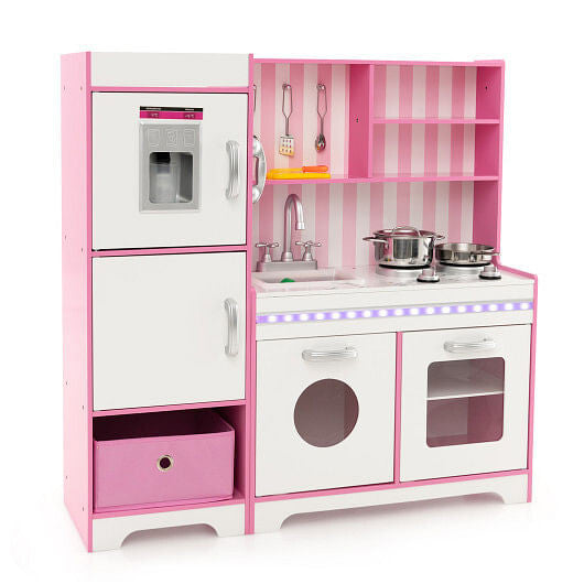 Pink wooden kids play kitchen set with LED lights, washing machine, and realistic marble countertops