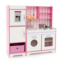 Pink wooden kids play kitchen set with LED lights, washing machine, and realistic marble countertops