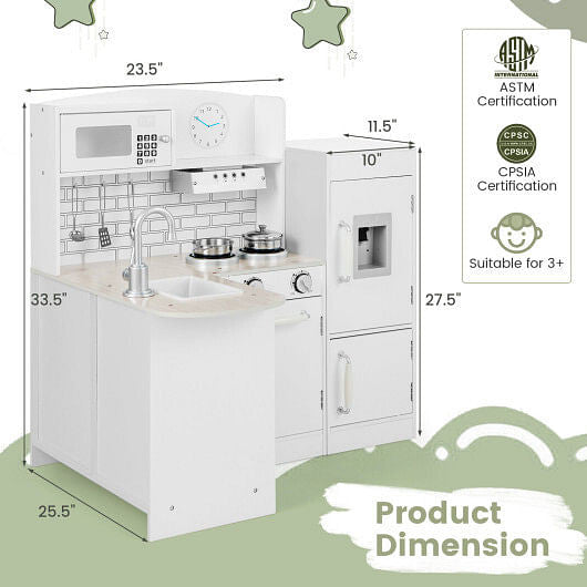 White L-shaped wooden kids kitchen playset with realistic microwave, stove, sink, and refrigerator — view 4