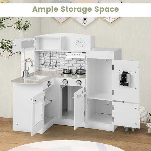 White L-shaped wooden kids kitchen playset with realistic microwave, stove, sink, and refrigerator — view 5