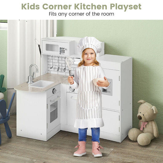 White L-shaped wooden kids kitchen playset with realistic microwave, stove, sink, and refrigerator — view 3