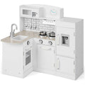 White L-shaped wooden kids kitchen playset with realistic microwave, stove, sink, and refrigerator
