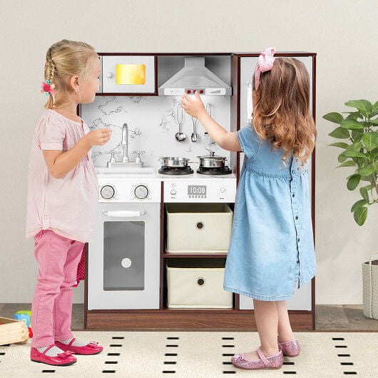 Modern kids toy kitchen playset in coffee finish with pretend ice maker and cooking accessories