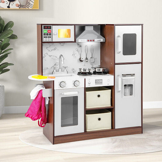 Modern kids toy kitchen playset in coffee finish with pretend ice maker and cooking accessories — view 2