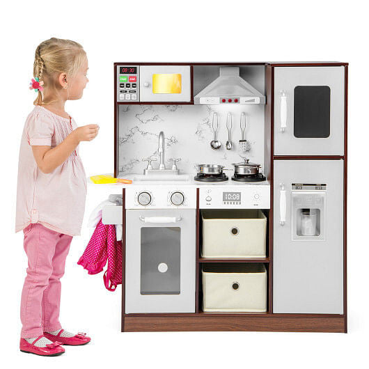 Modern kids toy kitchen playset in coffee finish with pretend ice maker and cooking accessories — view 3