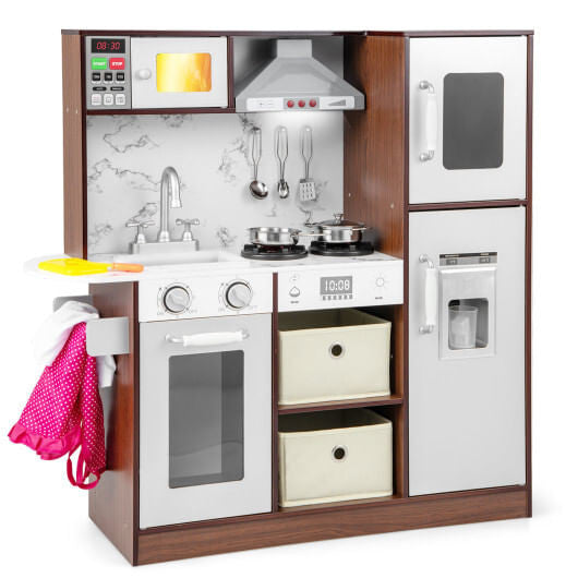 Modern kids toy kitchen playset in coffee finish with pretend ice maker and cooking accessories — view 5