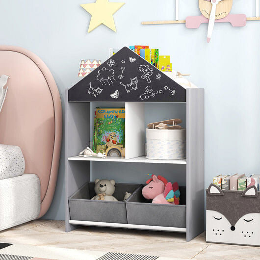 Gray playhouse kids bookshelf with chalkboard, whiteboard, and open storage shelves for toys and books