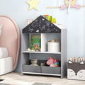 Gray playhouse kids bookshelf with chalkboard, whiteboard, and open storage shelves for toys and books