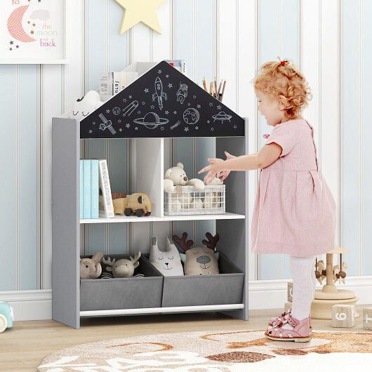 Gray playhouse kids bookshelf with chalkboard, whiteboard, and open storage shelves for toys and books — view 2