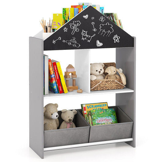 Gray playhouse kids bookshelf with chalkboard, whiteboard, and open storage shelves for toys and books — view 3