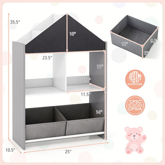Gray playhouse kids bookshelf with chalkboard, whiteboard, and open storage shelves for toys and books — view 4