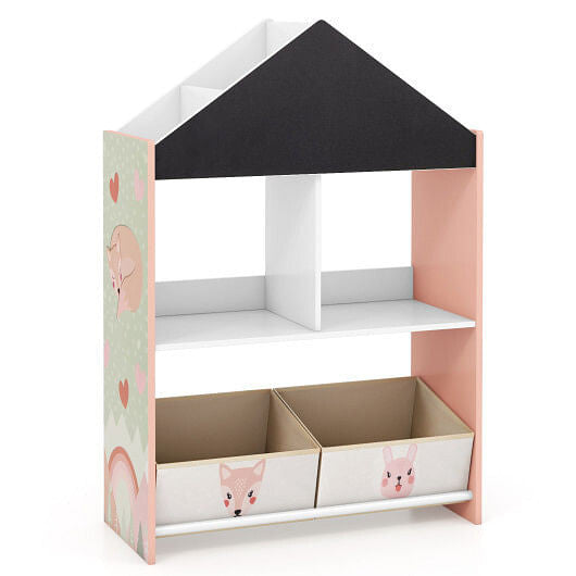 Gray playhouse kids bookshelf with chalkboard, whiteboard, and open storage shelves for toys and books — view 5