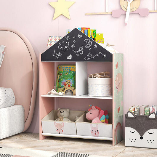 Gray playhouse kids bookshelf with chalkboard, whiteboard, and open storage shelves for toys and books — view 6