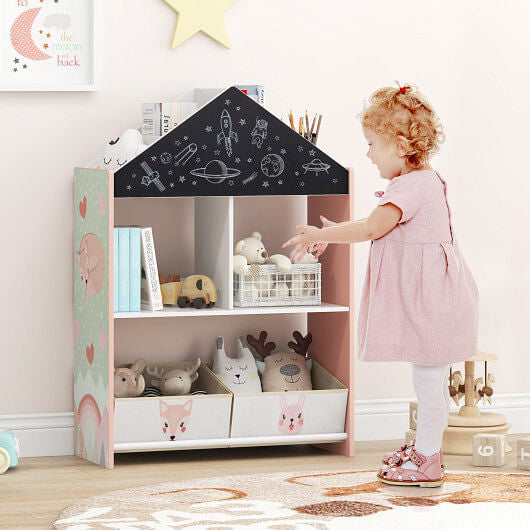 Gray playhouse kids bookshelf with chalkboard, whiteboard, and open storage shelves for toys and books — view 7