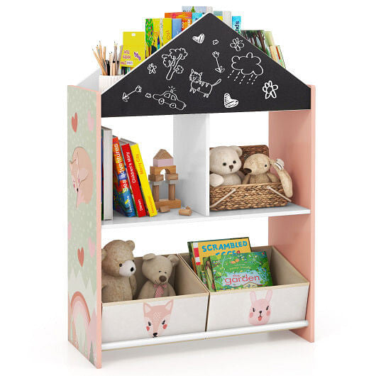 Gray playhouse kids bookshelf with chalkboard, whiteboard, and open storage shelves for toys and books — view 8