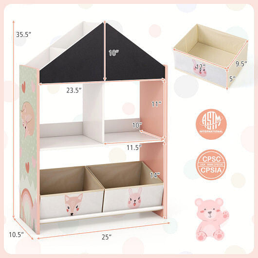 Gray playhouse kids bookshelf with chalkboard, whiteboard, and open storage shelves for toys and books — view 9