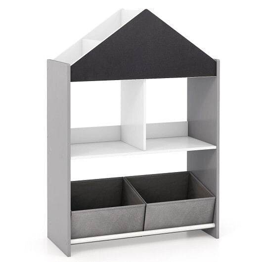 Gray playhouse kids bookshelf with chalkboard, whiteboard, and open storage shelves for toys and books — view 10
