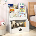 White 4-tier kids bookshelf with sling compartments and wooden shelves for toddler nursery