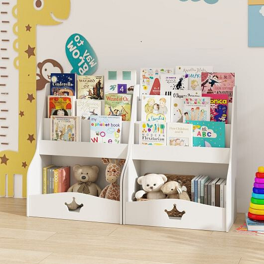 White 4-tier kids bookshelf with sling compartments and wooden shelves for toddler nursery — view 2