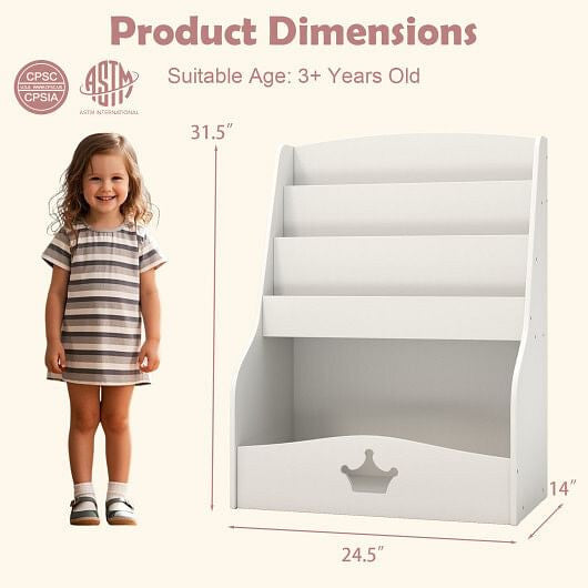 White 4-tier kids bookshelf with sling compartments and wooden shelves for toddler nursery — view 3