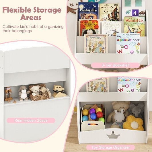White 4-tier kids bookshelf with sling compartments and wooden shelves for toddler nursery — view 4