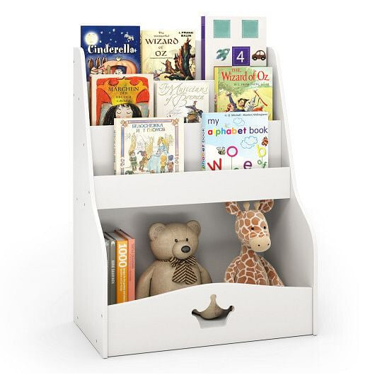 White 4-tier kids bookshelf with sling compartments and wooden shelves for toddler nursery — view 5