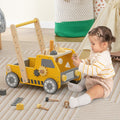 Yellow 2-in-1 wooden baby walker and truck-shaped tool bench toy with bottom storage and rubber wheels