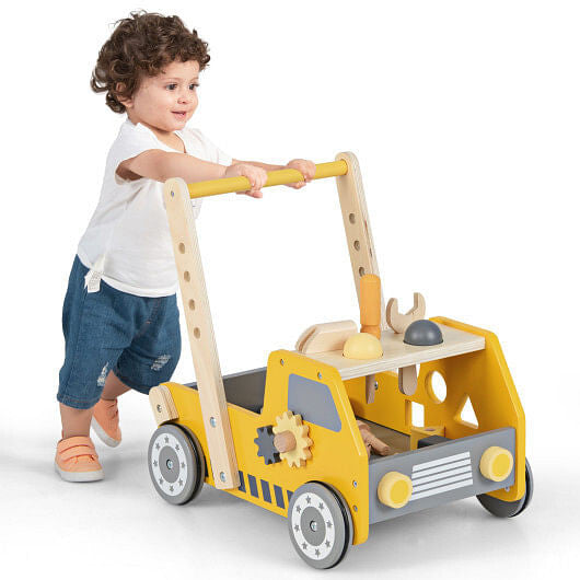 Yellow 2-in-1 wooden baby walker and truck-shaped tool bench toy with bottom storage and rubber wheels — view 3