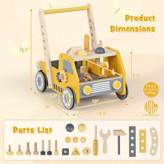 Yellow 2-in-1 wooden baby walker and truck-shaped tool bench toy with bottom storage and rubber wheels — view 4
