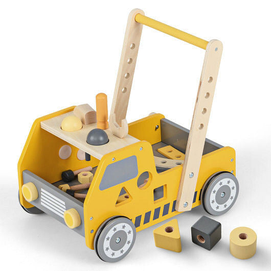 Yellow 2-in-1 wooden baby walker and truck-shaped tool bench toy with bottom storage and rubber wheels — view 5