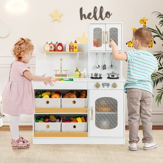 White kids play kitchen set with rotatable faucet, cooking accessories, and cuttable toy vegetables. — view 2