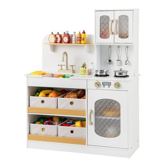White kids play kitchen set with rotatable faucet, cooking accessories, and cuttable toy vegetables. — view 3