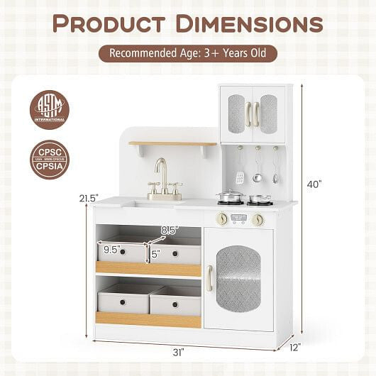 White kids play kitchen set with rotatable faucet, cooking accessories, and cuttable toy vegetables. — view 4