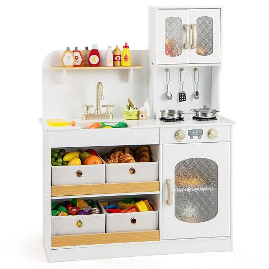 White kids play kitchen set with rotatable faucet, cooking accessories, and cuttable toy vegetables. — view 5