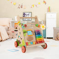 Natural wooden push and pull baby walker with handle, storage bin, and rolling wheels