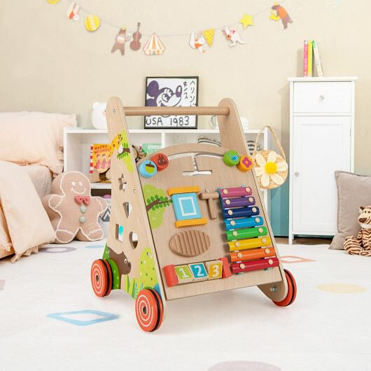 Natural wooden push and pull baby walker with handle, storage bin, and rolling wheels