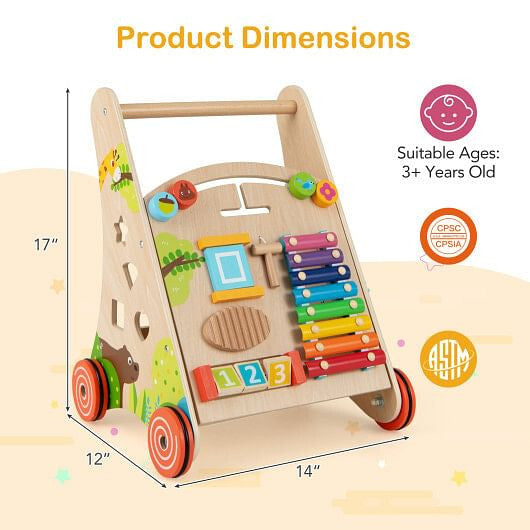 Natural wooden push and pull baby walker with handle, storage bin, and rolling wheels — view 2