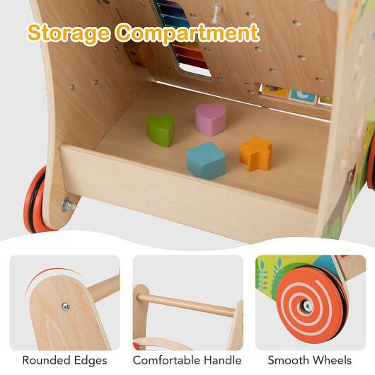 Natural wooden push and pull baby walker with handle, storage bin, and rolling wheels — view 4