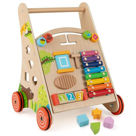 Natural wooden push and pull baby walker with handle, storage bin, and rolling wheels — view 5