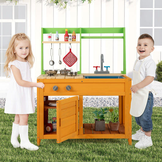 Orange outdoor wooden mud kitchen playset with sink oven and storage shelves for kids pretend play