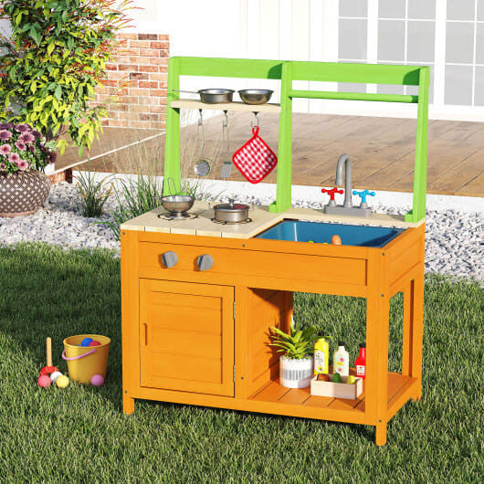 Orange outdoor wooden mud kitchen playset with sink oven and storage shelves for kids pretend play — view 2