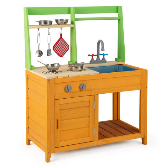 Orange outdoor wooden mud kitchen playset with sink oven and storage shelves for kids pretend play — view 3