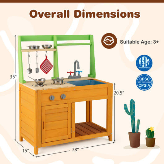 Orange outdoor wooden mud kitchen playset with sink oven and storage shelves for kids pretend play — view 4