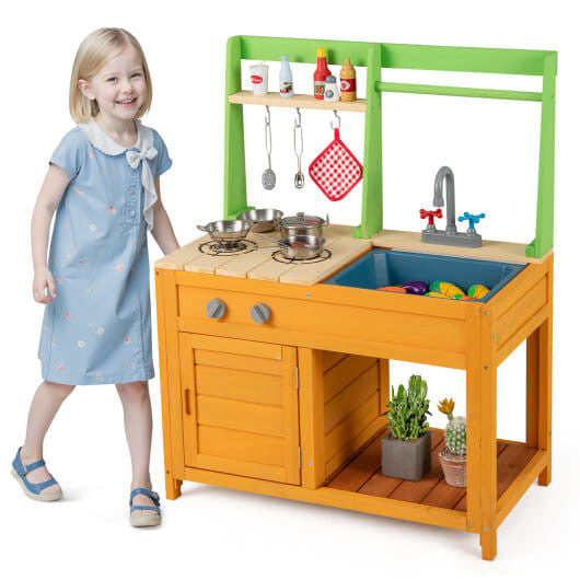 Orange outdoor wooden mud kitchen playset with sink oven and storage shelves for kids pretend play — view 5