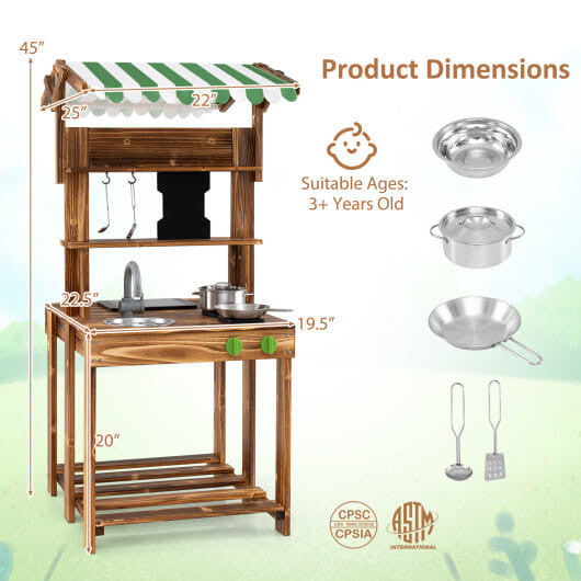 Double-sided wooden mud kitchen for kids with striped canopy, chalkboard, and cooking accessories — view 3