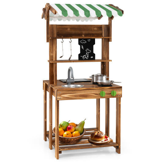 Double-sided wooden mud kitchen for kids with striped canopy, chalkboard, and cooking accessories — view 5