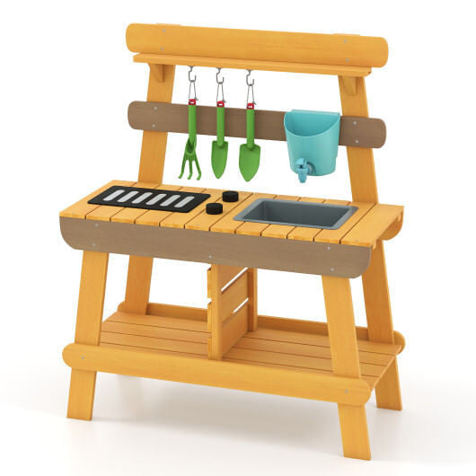 Yellow wooden outdoor mud kitchen for kids with play sink, grill, and gardening tools. — view 3