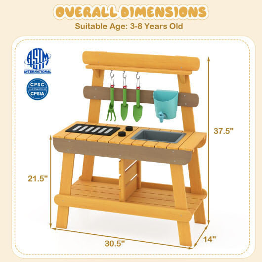 Yellow wooden outdoor mud kitchen for kids with play sink, grill, and gardening tools. — view 4