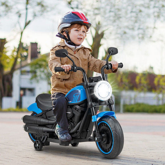 Kids blue electric motorcycle ride-on toy with LED headlight, training wheels, and realistic exhaust pipes — view 3