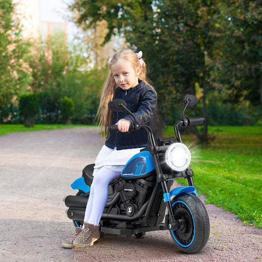Kids blue electric motorcycle ride-on toy with LED headlight, training wheels, and realistic exhaust pipes — view 5
